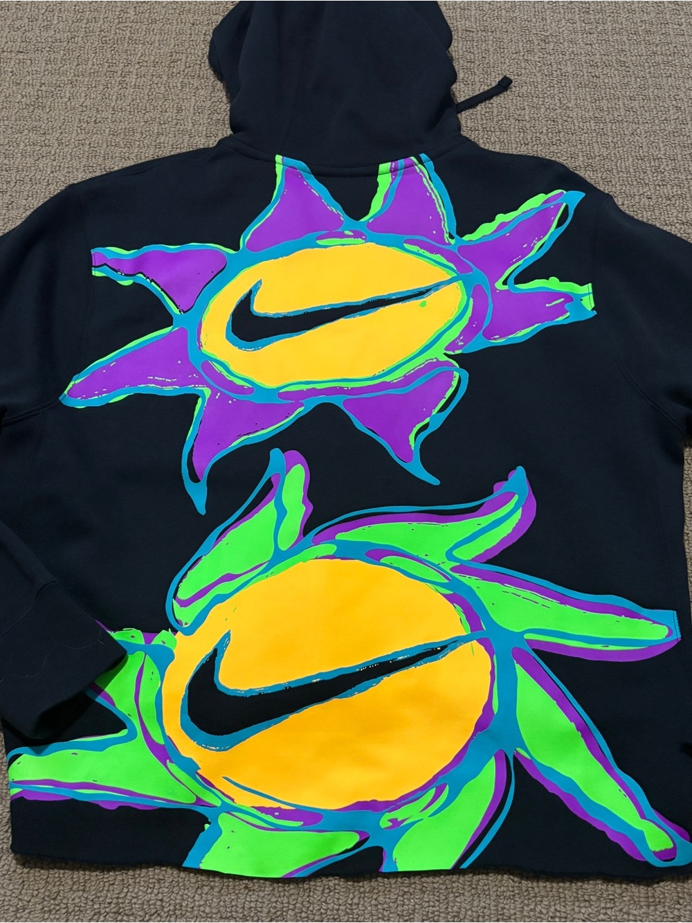 Nike Cropped Black Hoodie with Neon Yellow, Pink and Teal Sun Graphics - Picture 2 of 3